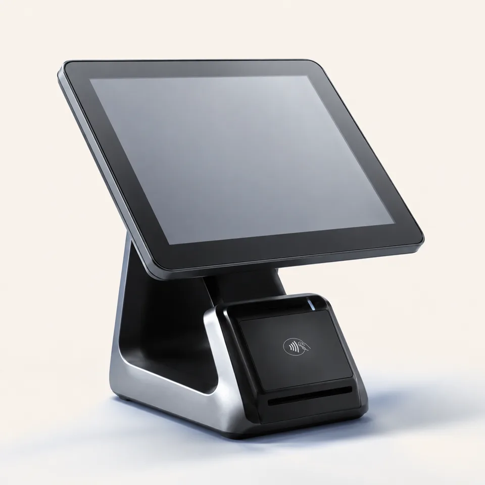 Illustrative countertop POS with a touchscreen and contactless payment reader